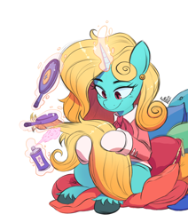 Size: 2480x2924 | Tagged: safe, artist:fanzeem, derpibooru import, oc, oc:seafoam breeze, pony, unicorn, ascot, brush, brushing, clothes, ear piercing, earring, female, hairspray, jewelry, mare, mirror, piercing, pillow, socks, solo