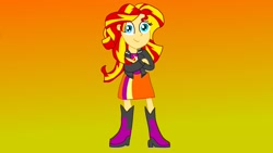 Size: 3264x1836 | Tagged: safe, artist:the double u, derpibooru import, sunset shimmer, human, equestria girls, rainbow rocks, crossed arms, gradient background, solo, standing