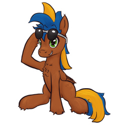 Size: 1000x1000 | Tagged: safe, artist:hiddelgreyk, derpibooru import, oc, oc only, pegasus, pony, 2022 community collab, blue mane, brown coat, chest fluff, derpibooru community collaboration, green eyes, male, pegasus oc, simple background, sitting, solo, stallion, sunglasses, sunglasses on head, transparent background, wings