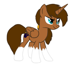Size: 709x600 | Tagged: safe, artist:holdenwolfart, derpibooru import, oc, oc only, oc:royale royce, alicorn, pony, 2022 community collab, alicorn oc, brown mane, brown tail, coat markings, derpibooru community collaboration, folded wings, full body, horn, male, show accurate, simple background, smiling, smirk, socks (coat marking), solo, stallion, standing, tail, teal eyes, transparent background, wings