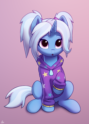 Size: 1250x1750 | Tagged: safe, artist:luminousdazzle, derpibooru import, trixie, pony, unicorn, g4, :o, alternate hairstyle, babysitter trixie, clothes, cute, diatrixes, female, gradient background, hoodie, looking at you, looking up, mare, open mouth, pigtails, pink background, raised hoof, raised leg, simple background, sitting, solo, twintails