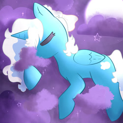 Size: 1280x1280 | Tagged: safe, artist:aurplestarss, derpibooru import, oc, oc:fleurbelle, alicorn, alicorn oc, bow, cloud, cute, female, hair bow, horn, mare, sky, sleeping, stars, wings