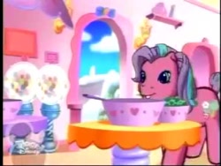 Size: 480x360 | Tagged: safe, derpibooru import, screencap, sweetberry, earth pony, pony, a very minty christmas, g3, bowl, cotton candy cafe, cute, female, frying pan, gumball machine, mare, solo, sweet sweetberry, table, toon disney