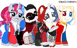 Size: 3446x2161 | Tagged: safe, artist:dragonchaser123, artist:kellysweet1, derpibooru import, oc, oc only, oc:giggle glider, oc:har-harley queen, oc:harleen hijinks, oc:side-splitter, earth pony, pegasus, pony, unicorn, base used, boots, choker, clothes, corset, ear piercing, earring, eyebrow piercing, eyeshadow, female, fishnets, gloves, grin, group, harley quinn, heterochromia, jacket, jester, jewelry, makeup, mare, mask, multicolored hair, nose piercing, nose ring, piercing, pigtails, raised hoof, raised leg, roller skates, shirt, shoes, simple background, smiling, socks, stockings, t-shirt, tattoo, thigh highs, transparent background, twintails
