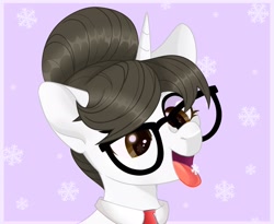 Size: 2048x1681 | Tagged: safe, artist:candystartrixie, derpibooru import, raven, pony, unicorn, brown eyes, bust, catching snowflakes, christmas, commission, cute, eyelashes, female, glasses, hair bun, holiday, horn, mare, necktie, open mouth, open smile, portrait, ravenbetes, secretary, simple background, smiling, snow, snowflake, solo, tongue, tongue out, ych result