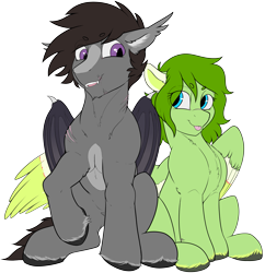 Size: 3093x3198 | Tagged: safe, artist:cold blight, derpibooru import, oc, oc only, oc:lief, oc:windwalker, bat, bat pony, pegasus, 2022 community collab, :p, bat pony oc, beanbrows, colored wings, couple, cute, derpibooru community collaboration, duo, ears, eye clipping through hair, eyebrows, eyebrows visible through hair, floppy ears, high res, multicolored wings, ocbetes, open mouth, open smile, pegasus oc, simple background, sitting, smiling, tongue, tongue out, transparent background, unshorn fetlocks, windsong, wings