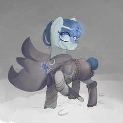 Size: 3000x3000 | Tagged: safe, artist:remedy7en, derpibooru import, oc, oc only, oc:inkstead, earth pony, armor, boots, bun, chainmail, circlet, cloak, clothes, magic, shoes, snow, solo, sword, viking, weapon