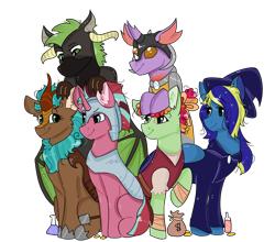 Size: 1280x1128 | Tagged: safe, artist:valkiria, derpibooru import, oc, oc only, oc:cocoa berry, oc:halcyon halfnote, oc:larynx (changeling), oc:lobelya, oc:wild goosechase, changedling, changeling, dragon, earth pony, kirin, pegasus, pony, unicorn, armor, bandage, bandana, bard, bits, boots, changedling oc, changeling oc, clothes, dragon oc, dungeons and dragons, fantasy class, female, freckles, glass, gloves, glowing, glowing horn, grin, hat, healer, helmet, hoof shoes, horn, kirin oc, knee pads, male, mare, money, multicolored hair, nonbinary, pants, pen and paper rpg, potion, pouch, robe, rpg, shirt, shoes, simple background, singing, sitting, sky, smiling, transparent background, unnamed oc, vest, wall of tags, wizard, wizard hat