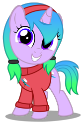 Size: 2420x3620 | Tagged: safe, artist:strategypony, derpibooru import, oc, oc only, oc:fiona mahri, unicorn, clothes, cute, daaaaaaaaaaaw, female, filly, foal, gradient mane, gravity falls, hairband, horn, looking at you, mabel pines, ocbetes, pigtails, simple background, smiling, squee, sweater, transparent background, twintails, unicorn oc, younger