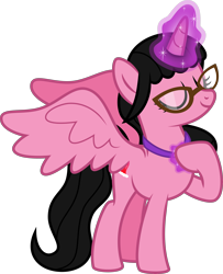 Size: 4000x4918 | Tagged: safe, artist:melisareb, derpibooru import, oc, oc only, oc:aaliyah, alicorn, 2022 community collab, absurd resolution, amulet, derpibooru community collaboration, eyes closed, female, glasses, jewelry, magic, mare, simple background, solo, telekinesis, transparent background, vector, wings