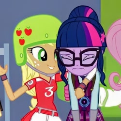 Size: 816x816 | Tagged: safe, derpibooru import, screencap, applejack, sci-twi, twilight sparkle, equestria girls, friendship games, cropped, eyes closed, female, helmet