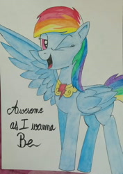 Size: 678x960 | Tagged: safe, artist:aking, derpibooru import, rainbow dash, pony, awesome as i want to be, element of loyalty, looking at you, one eye closed, open mouth, open smile, smiling, solo, traditional art, wink, winking at you