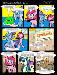 Size: 1024x1327 | Tagged: safe, artist:rammzblood, derpibooru import, cranky doodle donkey, juniper montage, pinkie pie, trixie, donkey, earth pony, pony, unicorn, comic, female, food transformation, inanimate tf, male, mare, transformation