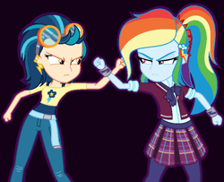 Size: 758x617 | Tagged: safe, artist:sarahalen, derpibooru import, indigo zap, rainbow dash, equestria girls, black background, clothes, crystal prep academy uniform, duo, female, looking at each other, looking at someone, school uniform, simple background