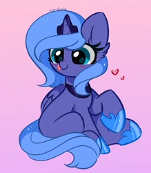 Size: 3585x4096 | Tagged: safe, artist:kittyrosie, derpibooru import, princess luna, alicorn, pony, :p, abstract background, blank flank, blushing, crown, cute, female, filly, foal, heart, hoof shoes, jewelry, lunabetes, pink background, regalia, s1 luna, simple background, sitting, solo, tongue, tongue out, woona, younger
