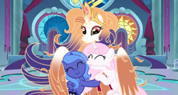 Size: 1024x547 | Tagged: safe, artist:velveagicsentryyt, derpibooru import, princess celestia, princess luna, oc, oc:queen galaxia, alicorn, pony, base used, cewestia, female, filly, foal, hug, winghug, wings, woona, younger