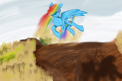 Size: 1000x667 | Tagged: safe, derpibooru import, rainbow dash, pegasus, dirt, side view, sky, solo, spread wings, wings