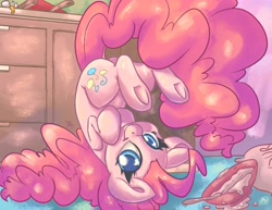 Size: 3300x2550 | Tagged: safe, artist:leadhooves, derpibooru import, pinkie pie, earth pony, pony, batter, bowl, colored pupils, cute, diapinkes, dock, egg (food), female, food, high res, hooves to the chest, kitchen, looking at you, mare, ponk, smiling, smiling at you, solo, spoon, tail, underhoof, upside down