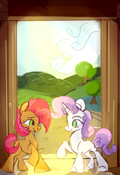 Size: 1024x1500 | Tagged: safe, artist:megalura, derpibooru import, babs seed, sweetie belle, earth pony, pony, unicorn, duo, female, filly, foal, raised hoof, raised leg, sunlight