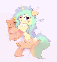 Size: 1425x1550 | Tagged: safe, artist:spoosha, derpibooru import, oc, oc only, cat, pony, unicorn, chest fluff, female, heart, looking at you, lying down, magic wand, mare, mouth hold, on side, one eye closed, smiling, smiling at you, solo, wand, wink, winking at you