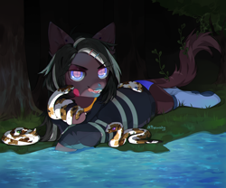 Size: 2400x2000 | Tagged: safe, artist:qawakie, derpibooru import, oc, oc only, earth pony, pony, snake, clothes, earth pony oc, lying down, outdoors, prone, river, smiling, socks, water