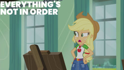 Size: 1280x720 | Tagged: safe, derpibooru import, edit, edited screencap, editor:quoterific, screencap, applejack, better together, equestria girls, schedule swap, applejack's hat, belt, clothes, cowboy hat, cutie mark on clothes, denim skirt, female, geode of super strength, hand on hip, hat, jewelry, magical geodes, necklace, open mouth, skirt, solo