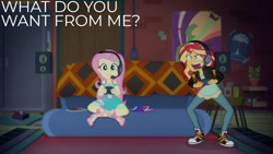 Size: 1280x720 | Tagged: safe, derpibooru import, edit, edited screencap, editor:quoterific, screencap, fluttershy, sunset shimmer, better together, equestria girls, game stream, angry, clothes, controller, converse, cute, cutie mark on clothes, duo, duo female, female, gamer sunset, gamershy, geode of fauna, hairpin, headphones, headset, jacket, jewelry, leather, leather jacket, magical geodes, microphone, necklace, open mouth, sandals, shoes, shyabetes