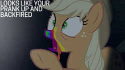 Size: 1280x720 | Tagged: safe, derpibooru import, edit, edited screencap, editor:quoterific, screencap, applejack, earth pony, pony, 28 pranks later, season 6, applejack's hat, clothes, cowboy hat, female, hat, mare, open mouth, solo