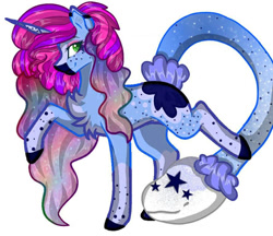 Size: 887x765 | Tagged: safe, artist:teonnakatztkgs, derpibooru import, oc, oc only, monster pony, pony, augmented, augmented tail, chest fluff, ethereal mane, horn, multicolored hair, rainbow hair, raised hoof, raised leg, simple background, solo, starry mane, tail, white background