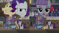 Size: 1280x720 | Tagged: safe, derpibooru import, edit, edited screencap, editor:quoterific, screencap, maud pie, rarity, earth pony, pony, unicorn, season 6, the gift of the maud pie, eyes closed, female, male, mare, open mouth, party cannon, stallion