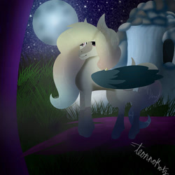 Size: 1500x1500 | Tagged: safe, artist:teonnakatztkgs, derpibooru import, oc, oc only, pegasus, pony, full moon, moon, night, outdoors, pegasus oc, signature, solo, stars, wings