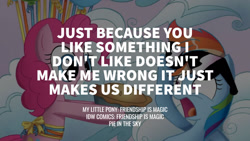 Size: 1280x720 | Tagged: safe, derpibooru import, edit, editor:quoterific, idw, pinkie pie, rainbow dash, earth pony, pegasus, pony, balloon, female, grin, mare, open mouth, pie in the sky, positive message, quote, smiling, sunglasses, text