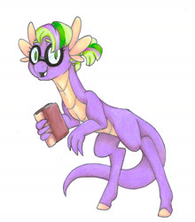 Size: 1236x1402 | Tagged: safe, artist:ask-y, derpibooru import, oc, oc only, dracony, dragon, hybrid, book, glasses, interspecies offspring, offspring, parent:scootaloo, parent:spike, parents:scootaspike, simple background, smiling, solo, traditional art, white background