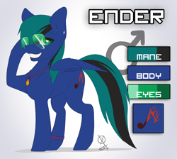 Size: 5100x4579 | Tagged: safe, artist:northernsprint, derpibooru import, oc, oc only, oc:ender, pegasus, pony, ear piercing, eyebrows, folded wings, glasses, grin, jewelry, looking at you, male, necklace, pegasus oc, piercing, reference sheet, signature, simple background, smiling, smiling at you, solo, stallion, sunglasses, white background, wings