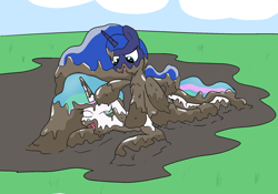 Size: 2000x1400 | Tagged: safe, artist:amateur-draw, derpibooru import, princess celestia, princess luna, alicorn, pony, covered in mud, female, mare, mud, mud play, mud pony, mud wrestling, muddy, royal sisters, siblings, sisters, sports, wet and messy, wrestling