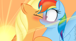 Size: 1054x574 | Tagged: safe, artist:sugarcubecreationz, derpibooru import, applejack, rainbow dash, pony, appledash, base used, blushing, female, kissing, lesbian, shipping