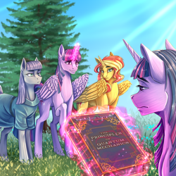 Size: 2300x2300 | Tagged: safe, artist:worldingofthewords, derpibooru exclusive, derpibooru import, maud pie, sunset shimmer, twilight sparkle, twilight sparkle (alicorn), alicorn, pony, alicornified, bioshock, bioshock infinite, book, crossover, digital art, grass, magic, pony town, race swap, shimmercorn, tree, wings