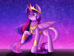 Size: 3188x2398 | Tagged: safe, artist:greenmarta, derpibooru import, twilight sparkle, twilight sparkle (alicorn), alicorn, pony, female, jewelry, leonine tail, night, night sky, raised hoof, raised leg, regalia, sky, solo, tail