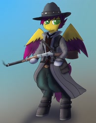 Size: 2223x2844 | Tagged: safe, artist:nagithebat, derpibooru import, oc, oc only, oc:yellow jack, pegasus, clothes, colored wings, cowboy, cowboy hat, gun, hat, lever action rifle, multicolored wings, pegasus oc, red dead redemption 2, rifle, solo, weapon, wings