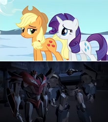 Size: 722x818 | Tagged: safe, derpibooru import, edit, edited screencap, screencap, applejack, rarity, earth pony, pony, unicorn, breakdown, comparison, decepticon, knockout, transformers, transformers prime