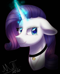 Size: 1942x2388 | Tagged: safe, artist:greenmarta, derpibooru import, pony, unicorn, black background, bust, collar, female, glowing, glowing horn, horn, simple background, smiling, solo