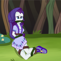 Size: 2000x2000 | Tagged: safe, artist:splendidbondage, derpibooru import, rarity, equestria girls, ankle tied, bondage, bound and gagged, clothes, dress, forest, gag, solo, vine