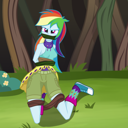 Size: 2000x2000 | Tagged: safe, artist:splendidbondage, derpibooru import, rainbow dash, equestria girls, bondage, bound and gagged, clothes, female, forest, gag, kneeling, shorts, solo, vine