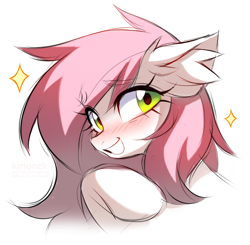 Size: 820x802 | Tagged: safe, artist:kirionek, derpibooru import, oc, oc only, oc:sugar morning, pony, blushing, bust, ear fluff, ears, eye clipping through hair, eyebrows, eyebrows visible through hair, eyelashes, female, grin, looking at you, mare, simple background, smiling, smiling at you, solo, white background