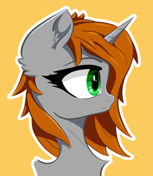 Size: 2793x3204 | Tagged: safe, artist:itchystomach, derpibooru import, oc, oc only, oc:littlepip, pony, unicorn, fallout equestria, brown mane, bust, cel shading, ear fluff, ears, eyelashes, female, green eyes, high res, horn, mare, orange background, outline, shading, simple background, solo, unicorn oc, white outline