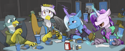 Size: 3220x1325 | Tagged: safe, artist:sinrar, derpibooru import, gabby, gilda, starlight glimmer, trixie, griffon, pony, unicorn, amputee, artificial wings, augmented, beak bite, beanie, burger, clothes, cyberpunk, food, french fries, group, hamburger, hat, hoodie, jacket, ketchup, paper crown, prosthetic limb, prosthetic wing, prosthetics, restaurant, sauce, soda, wings
