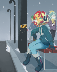 Size: 2000x2517 | Tagged: safe, artist:slowpoke, derpibooru import, sunset shimmer, human, equestria girls, background human, beanie, bench, blushing, boots, breath, clothes, coat, coffee cup, cup, earmuffs, female, hat, scarf, shoes, smiling, snow, winter hat, winter outfit