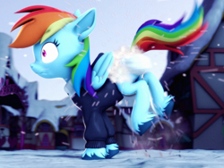 Size: 2880x2160 | Tagged: safe, artist:psfmer, derpibooru import, rainbow dash, pegasus, 3d, butt, clothes, cold, ears, floppy ears, jacket, nose wrinkle, ponyville, rainbutt dash, scrunchy face, shrunken pupils, snow, snowball, snowball fight, solo, source filmmaker, this will end in pain and/or death, unshorn fetlocks, we don't normally wear clothes, winter outfit