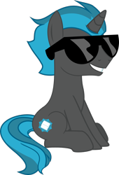 Size: 924x1361 | Tagged: safe, artist:yoshimon1, derpibooru exclusive, derpibooru import, oc, oc only, oc:shimmer scroll, pony, unicorn, full body, glasses, grin, horn, male, show accurate, simple background, sitting, smiling, solo, stallion, sunglasses, tail, three quarter view, transparent background, two toned mane, two toned tail, unicorn oc