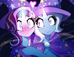 Size: 1920x1490 | Tagged: safe, artist:walliscolours, derpibooru import, starlight glimmer, trixie, pony, unicorn, blushing, cape, clothes, cute, diatrixes, female, frown, glowing, glowing horn, hat, horn, hug, lesbian, mare, shipping, smiling, startrix, trixie's cape, trixie's hat